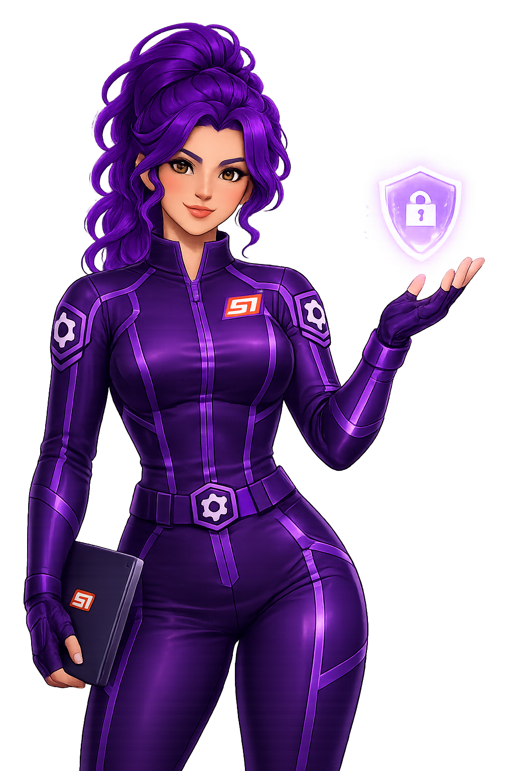 Violet in her purple SI uniform with gear insignia and a tablet, presenting a second protective security shield.