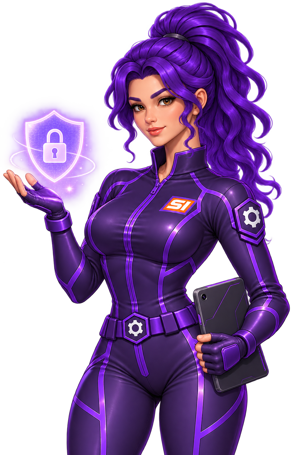 Violet, the SMORTLER SI guide, presenting a glowing cybersecurity shield in her canonical purple uniform, with the SI chest badge and white gear insignia.